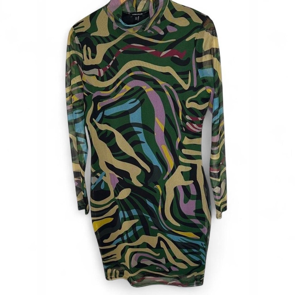 Karen Millen Abstract Mesh Mini Dress | Mock Neck Bodycon | Size 10 - Picture 3 of 6
